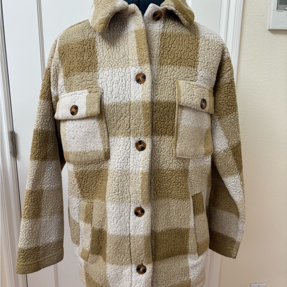 Billabong Fairbanks Fleece Tan and Cream Checkered Light Olive Jacket size S